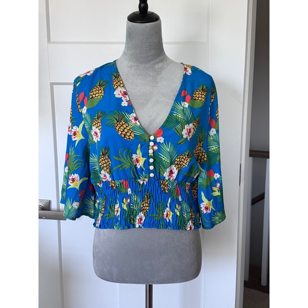 True Destiny Blue Pineapple Tropical Floral Smocked Waist Flutter Sleeve Top L